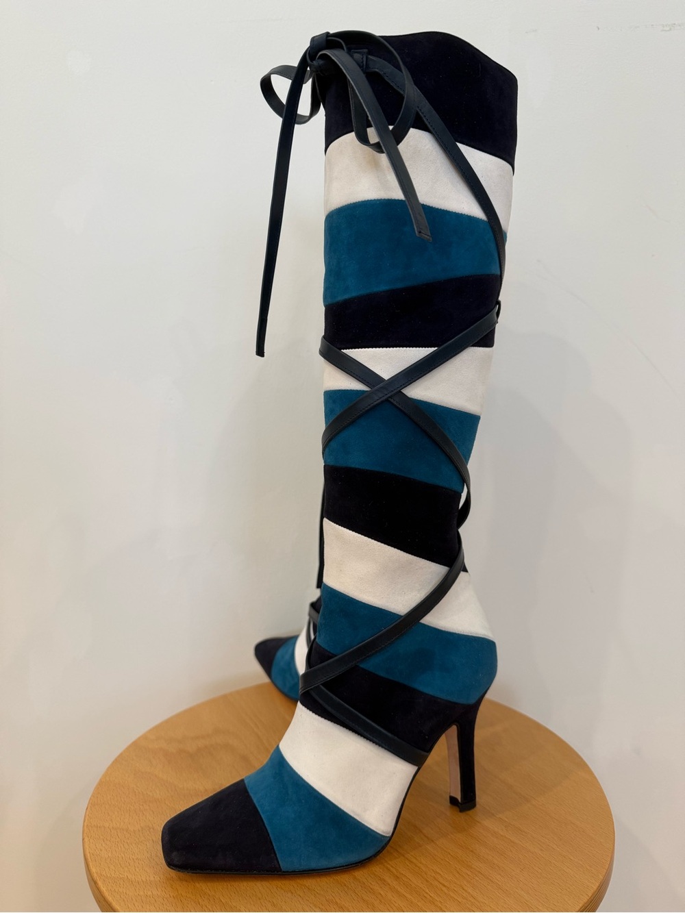 Manolo Blahnik Striped Teal, Black & White Lace-Up Knee Boot